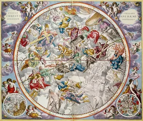 ジュリアスシラーが描いたキリスト教の星座の地図。「天体アトラス、または宇宙の調和」（Atlas coelestis seu harmonia macrocosmica）パブから。 Joannes Janssonius、A